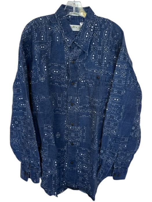 Orvis Size XL Blue & White Linen Bandana Collar front pocket Men's Shirt Blue & White / XL