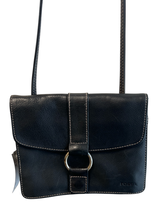 Fossil Black Leather Silver Hardware Envelope Flap Magnetic Close Crossbody Bag Black / S