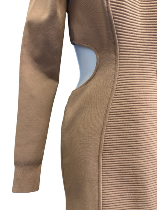Herve Leger Size S Beige Viscose Blend Knit Ribbed Detail Long Sleeve Dress Beige / S