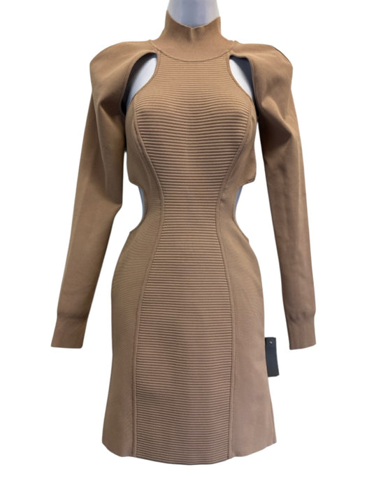 Herve Leger Size S Beige Viscose Blend Knit Ribbed Detail Long Sleeve Dress Beige / S
