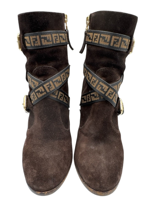 Fendi Shoe Size 36.5 Brown & Gold Suede leather Logo High Block Heel Booties Brown & Gold / 36.5