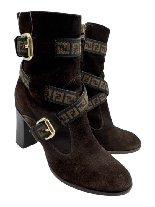 Fendi Shoe Size 36.5 Brown & Gold Suede leather Logo High Block Heel Booties Brown & Gold / 36.5