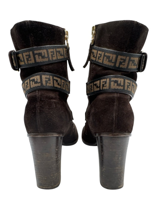 Fendi Shoe Size 36.5 Brown & Gold Suede leather Logo High Block Heel Booties Brown & Gold / 36.5