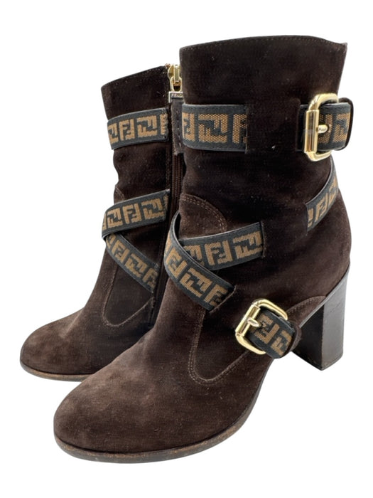Fendi Shoe Size 36.5 Brown & Gold Suede leather Logo High Block Heel Booties Brown & Gold / 36.5
