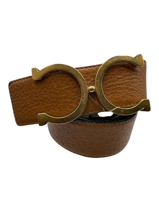 Salvatore Ferragamo Black & Brown Pebble Leather Gold Buckle Reversible Belts Black & Brown / L