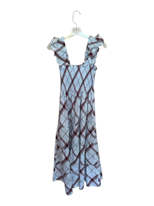 Hill House Size XS Blue & Maroon Cotton Smocked Plaid Flutter Sleeve Maxi Dress Blue & Maroon / XS