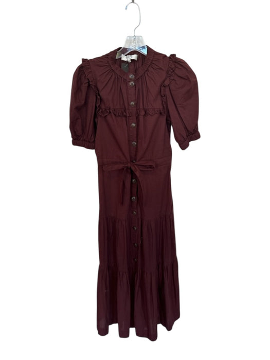 Sea New York Size 0 Brown Cotton 3/4 Balloon Sleeve Ruffles Buttons Dress Brown / 0