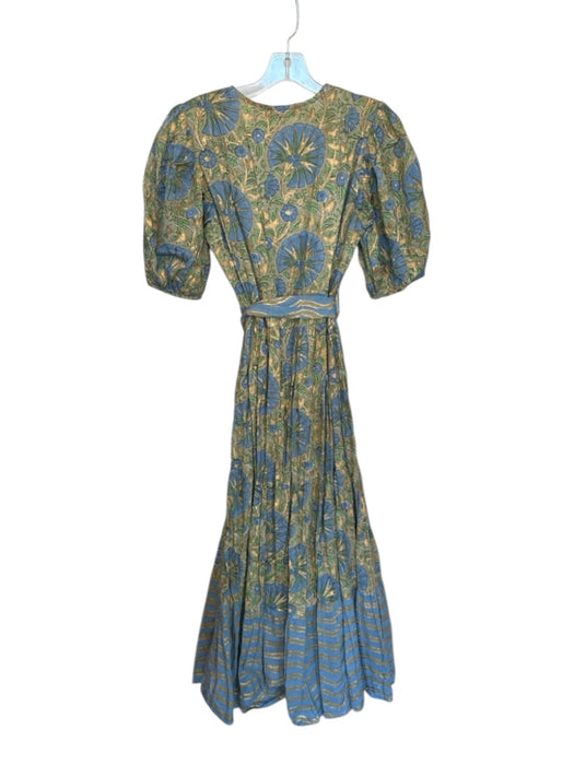 Oliphant Size XS Green & Blue Cotton Long Balloon Sleeve Botanical Belted Dress Green & Blue / XS
