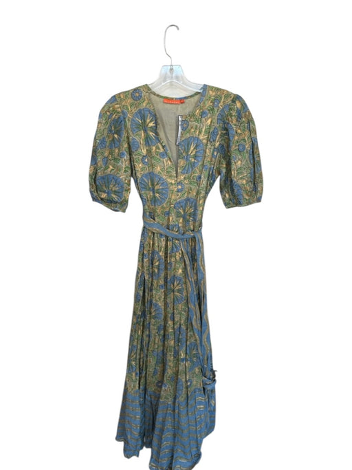 Oliphant Size XS Green & Blue Cotton Long Balloon Sleeve Botanical Belted Dress Green & Blue / XS