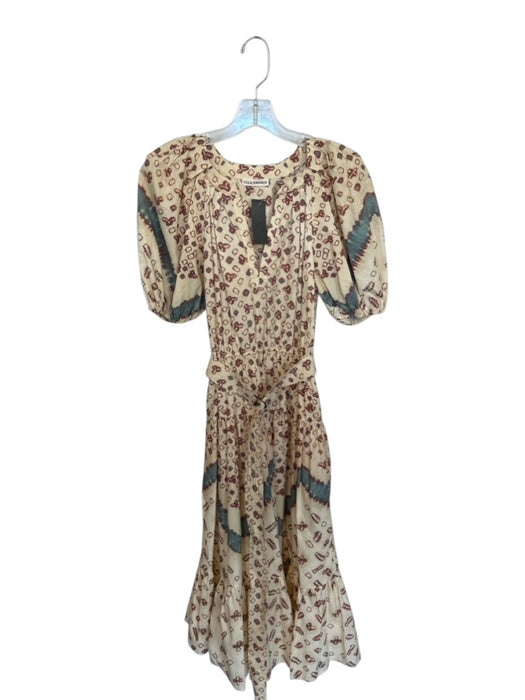 Ulla Johnson Size 00 Cream & Teal blue Cotton Short Balloon Sleeve Tie Dye Dress Cream & Teal blue / 00
