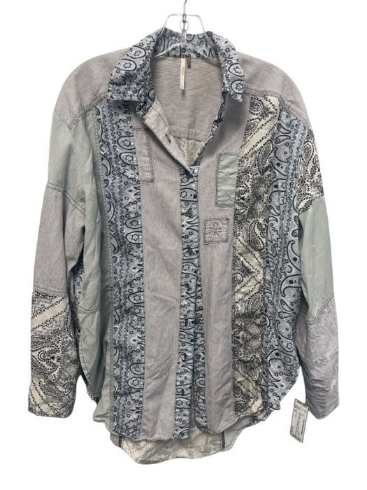 Free People Size S Gray & Blue Cotton Bandana Print Button Front Long Sleeve Top Gray & Blue / S