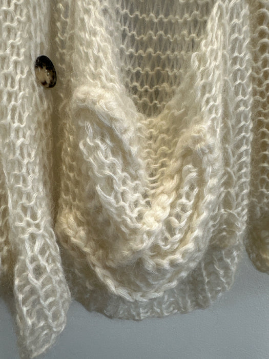 Loewe Size L Cream Mohair Blend Open Knit Back Logo Twist Detail Cardigan