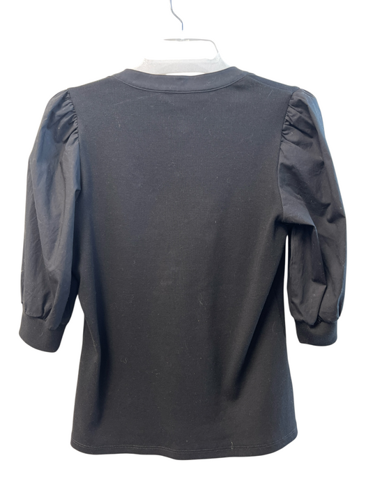 Veronica Beard Size M Black Cotton Ribbed Half Button Short Puff Sleeve Top Black / M