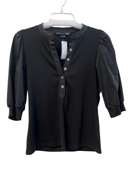 Veronica Beard Size M Black Cotton Ribbed Half Button Short Puff Sleeve Top Black / M