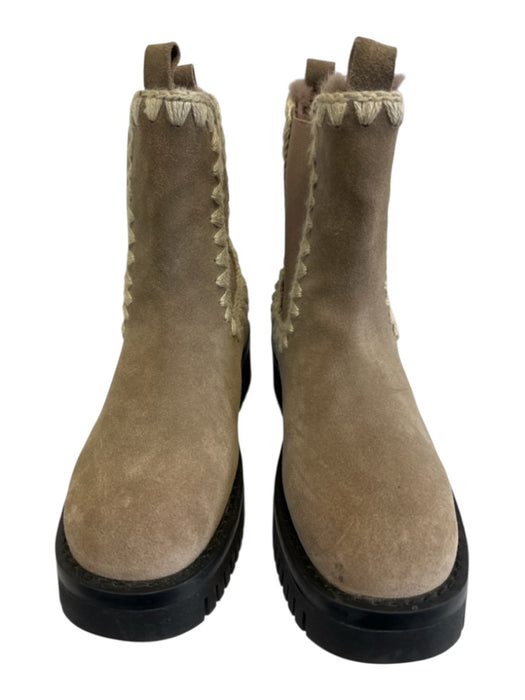 Mou Shoe Size 37 Brown, White & Black Leather Chelsea Shearling Platform Booties Brown, White & Black / 37