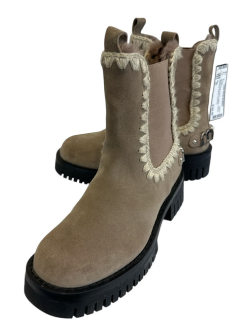 Mou Shoe Size 37 Brown, White & Black Leather Chelsea Shearling Platform Booties Brown, White & Black / 37