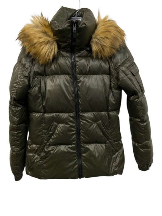 S13 New York Size S Green & Brown Nylon Long Sleeve Puffer Fur Hood Jacket Green & Brown / S