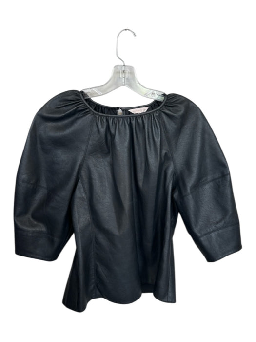 Rebecca Taylor Size 6 Black Polyester Vegan Leather Half Sleeve Back button Top Black / 6