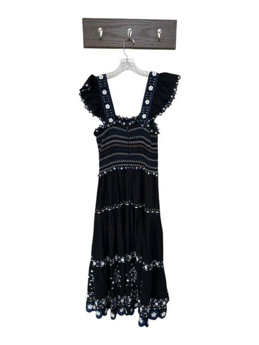 Sea New York Size M Black & Navy Cotton Maxi Floral Embroidered Detail Dress Black & Navy / M