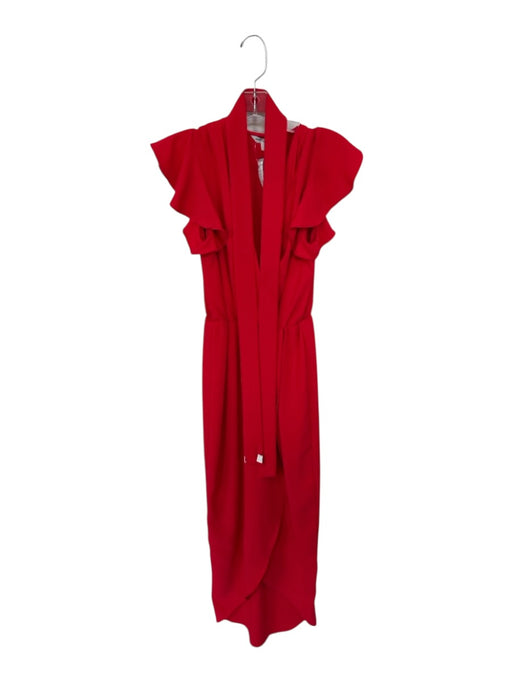 Amanda Uprichard Size S Red Polyester High Slit V Neck Ruffle Short Sleeve Dress Red / S