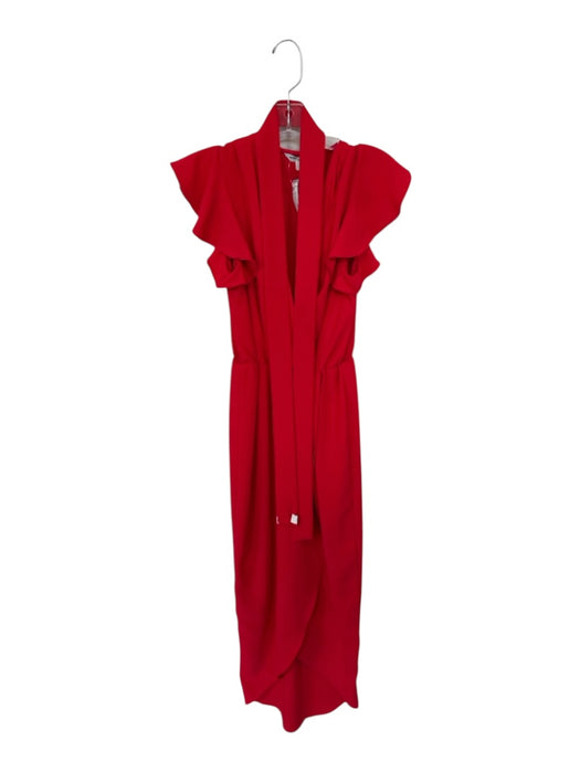 Amanda Uprichard Size S Red Polyester High Slit V Neck Ruffle Short Sleeve Dress Red / S