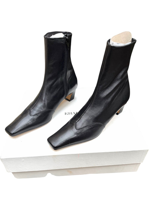Khaite Shoe Size 39 Black Leather Kitten Heel Side Zip Square Toe Ankle Booties Black / 39