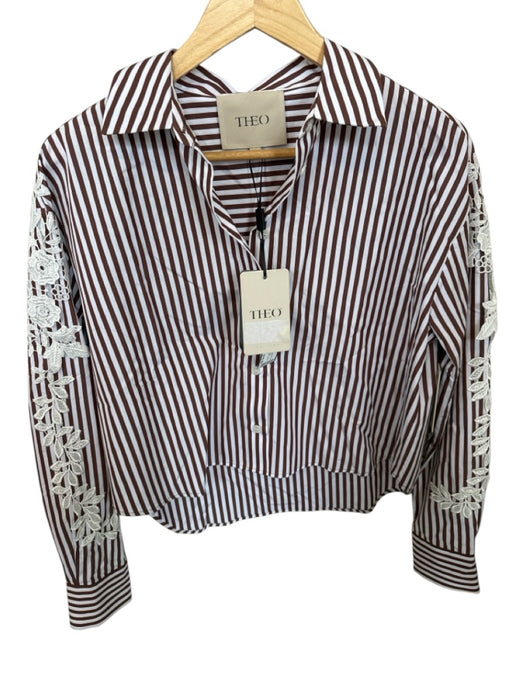 Theo Size S Brown & White Cotton Long Sleeve Striped Lace Detail Button Down Top Brown & White / S