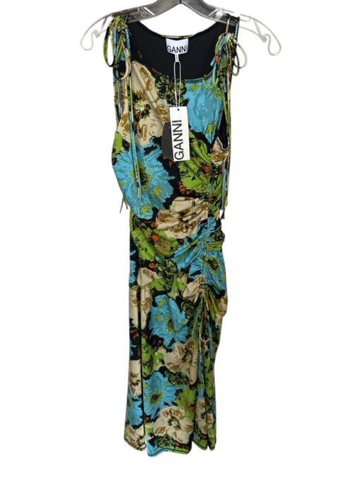 Ganni Size 34 Green & Blue Polyamid Sleeveless Drawstring Flowers slit Dress Green & Blue / 34