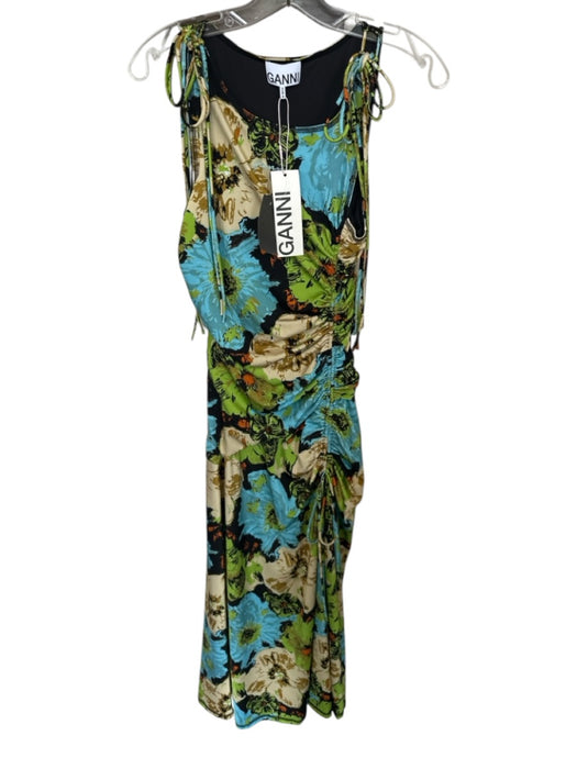 Ganni Size 34 Green & Blue Polyamid Sleeveless Drawstring Flowers slit Dress Green & Blue / 34