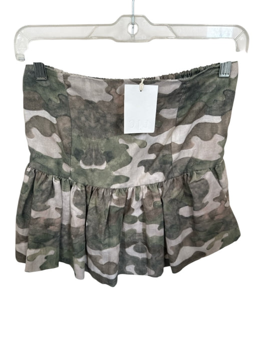LJC Designs Size M Green & Tan Linen Strapless Camo Peplum Top Green & Tan / M