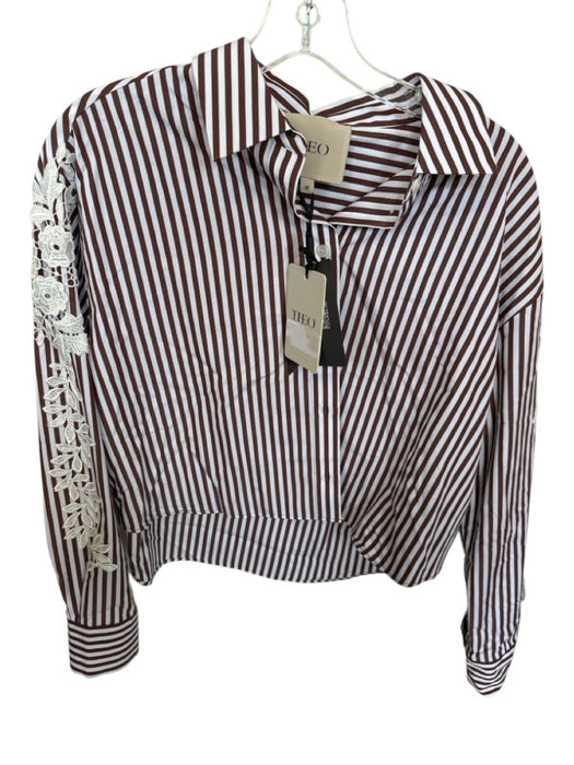 Theo Size M Brown & White Cotton Long Sleeve Striped Lace Detail Button Down Top Brown & White / M