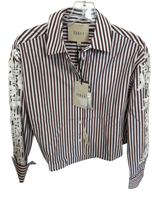 Theo Size XS Brown & White Cotton Long Sleeve Striped Lace Detail Top Brown & White / XS
