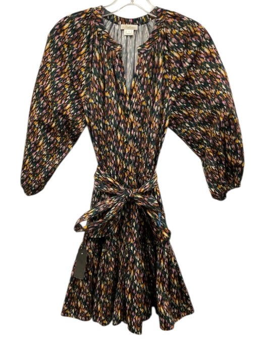 Shoshanna Size 4 Brown, Yellow & Black Cotton Long Balloon Sleeve Streaks Dress Brown, Yellow & Black / 4