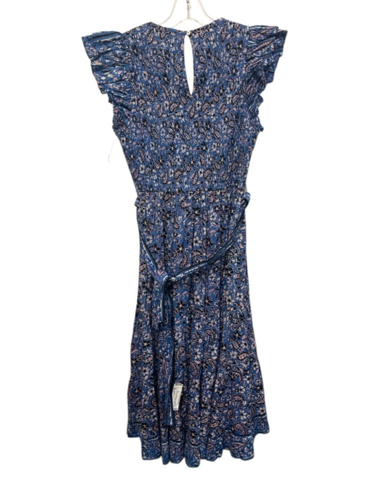 Cleobella Size S Blue, Pink & Black Cotton Ruffle Cap Sleeve Shirred Top Dress Blue, Pink & Black / S
