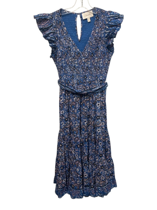 Cleobella Size S Blue, Pink & Black Cotton Ruffle Cap Sleeve Shirred Top Dress Blue, Pink & Black / S