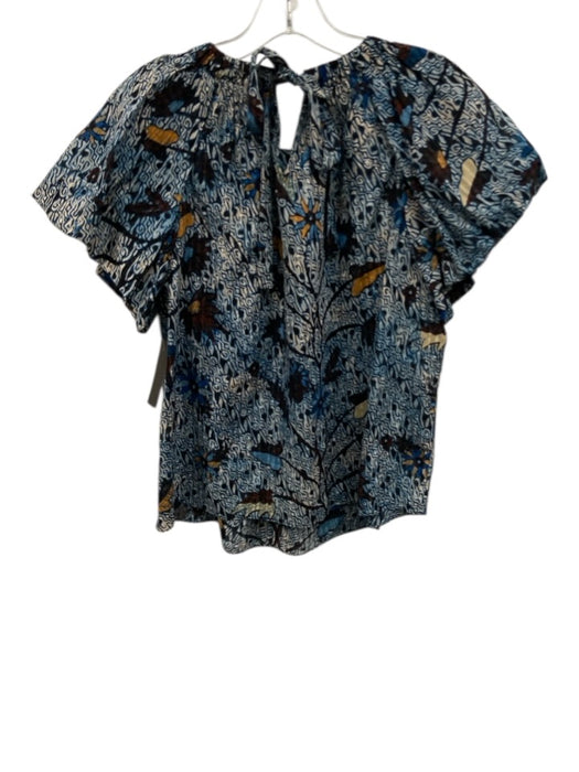 Ulla Johnson Size 4 Blue, Black & Yellow Cotton Short Balloon Sleeve Boxy Top Blue, Black & Yellow / 4