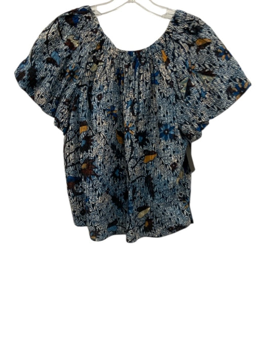 Ulla Johnson Size 4 Blue, Black & Yellow Cotton Short Balloon Sleeve Boxy Top Blue, Black & Yellow / 4