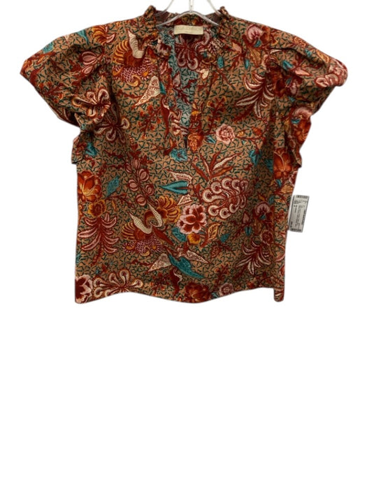 Ulla Johnson Size 4 Red, Peach & Orange Cotton Short Balloon Sleeve Top Red, Peach & Orange / 4