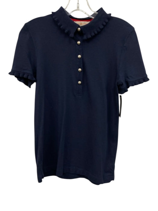 Tory Burch Size XS Navy Blue Cotton Short Ruffle Sleeve Pearl Button Polo Top Navy Blue / XS