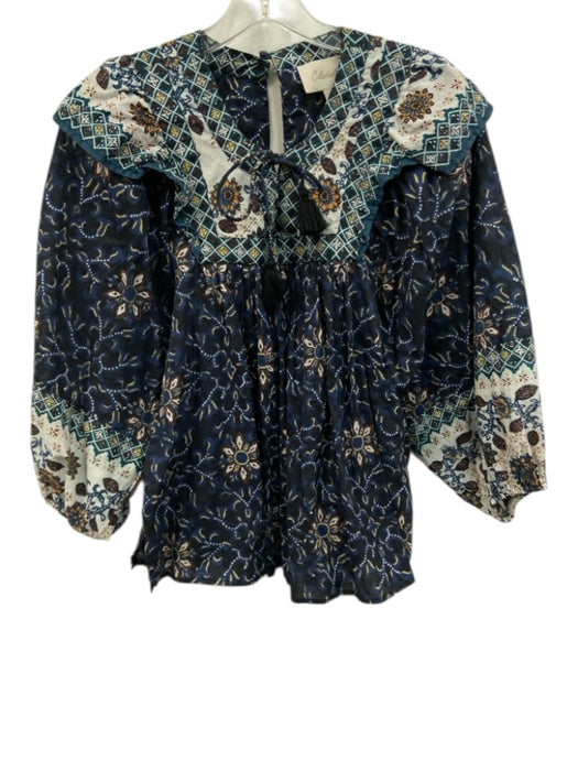 Cleobella Size XS Teal, blue, & black Cotton Long Balloon Sleeve Floral Top Teal, blue, & black / XS