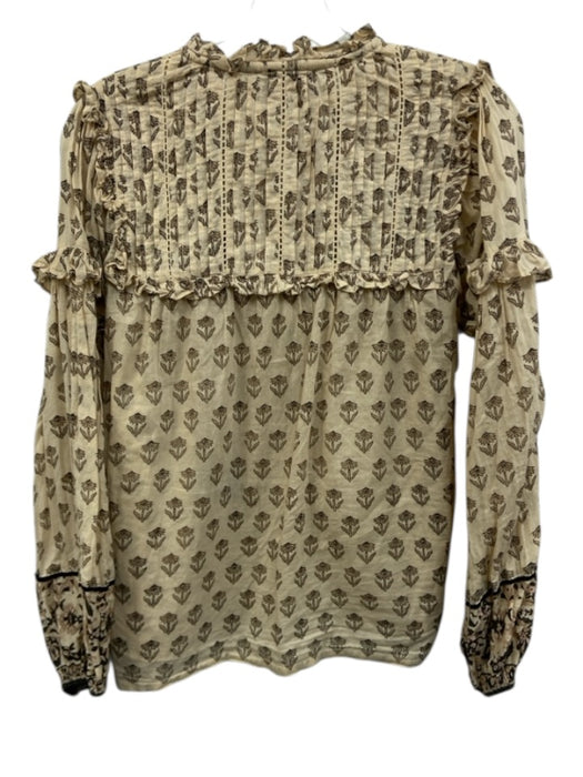 Cleobella Size S Beige & Black Cotton Ruffle Detail Button Front Floral Top Beige & Black / S