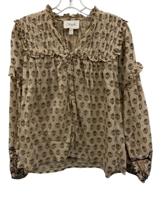 Cleobella Size S Beige & Black Cotton Ruffle Detail Button Front Floral Top Beige & Black / S