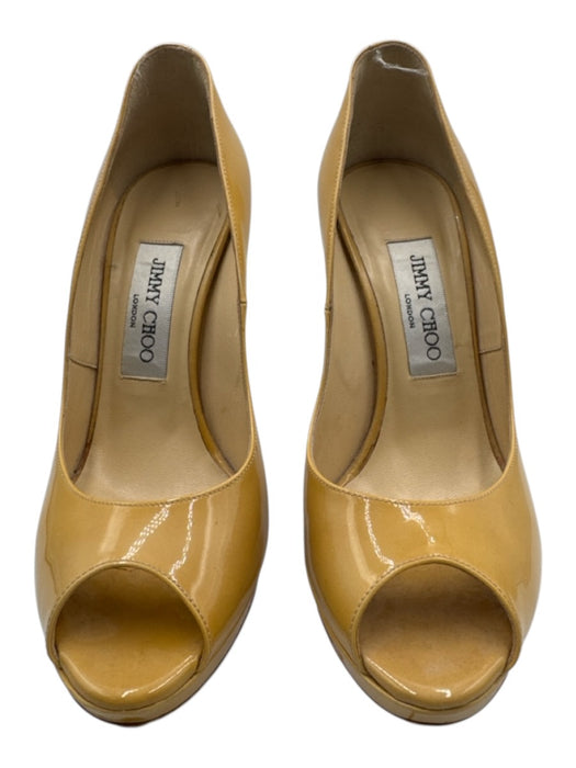 Jimmy Choo Shoe Size 36.5 Tan Patent Leather Peep Toe Platform Stiletto Pumps Tan / 36.5