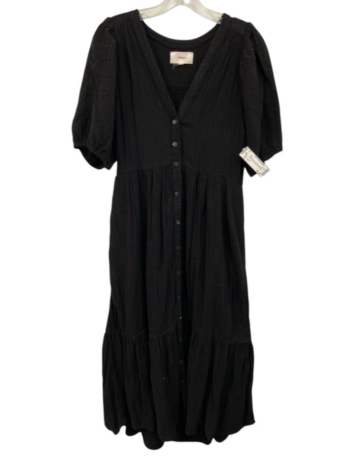 XiRENA Size S Black Cotton Short Balloon Sleeve Wrinkled Button Down Dress Black / S