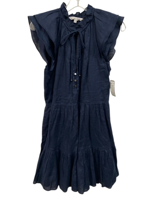 Veronica Beard Size 2 Navy Linen Cap Sleeve Mother of Pearl Buttons Tiered Dress Navy / 2