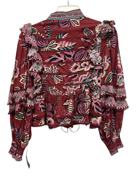 Farm Rio Size M Burgundy Red & Multi Cotton Long Balloon Sleeve Lace Accents Top Burgundy Red & Multi / M