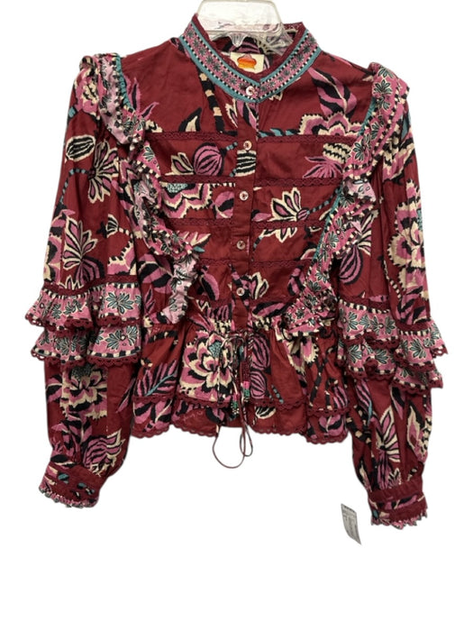 Farm Rio Size M Burgundy Red & Multi Cotton Long Balloon Sleeve Lace Accents Top Burgundy Red & Multi / M