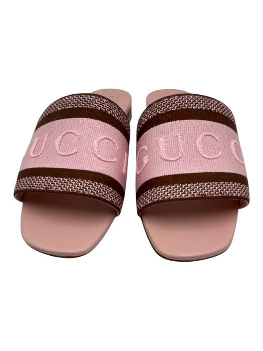 Gucci Shoe Size 38 Light Pink & Brown textile upper Logo Embossed Slide Sandals Light Pink & Brown / 38