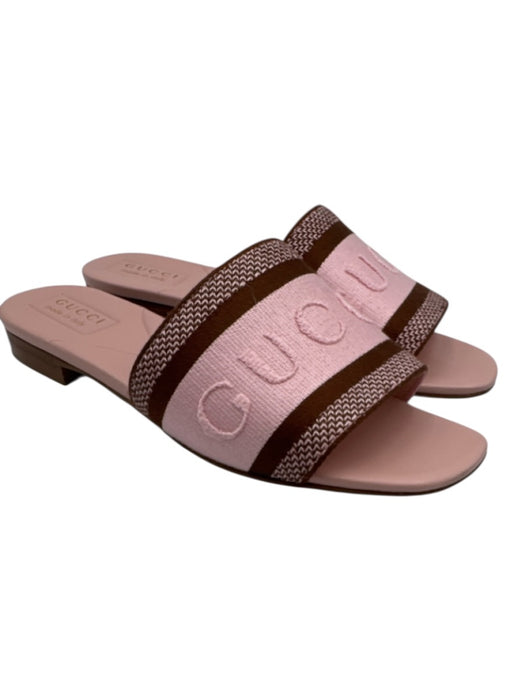 Gucci Shoe Size 38 Light Pink & Brown textile upper Logo Embossed Slide Sandals Light Pink & Brown / 38