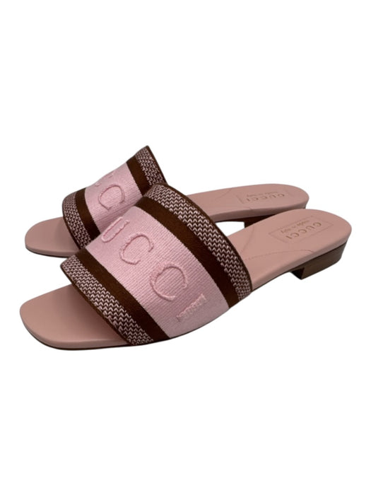 Gucci Shoe Size 38 Light Pink & Brown textile upper Logo Embossed Slide Sandals Light Pink & Brown / 38